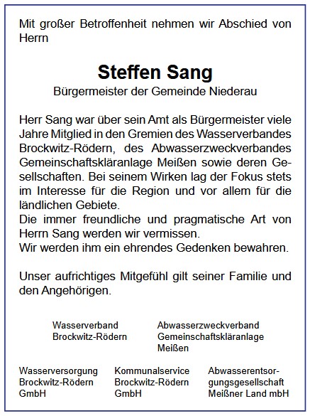 Steffen Sang - Traueranzeige des Abwasserzweckverbandes